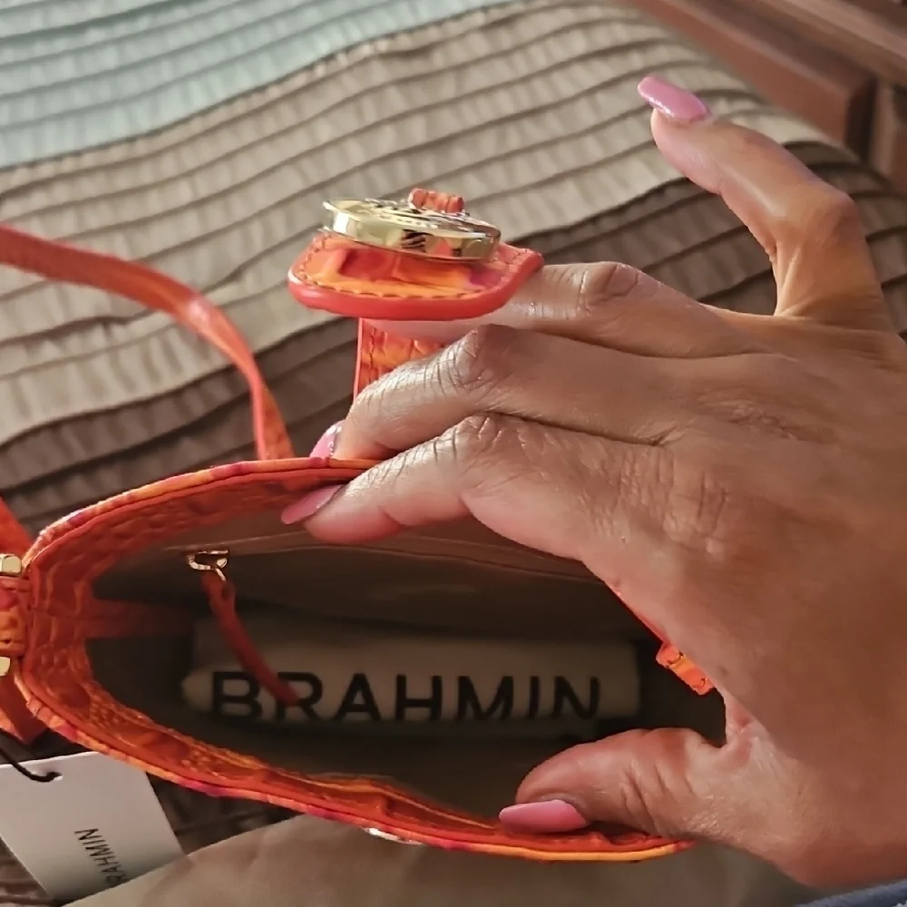 Brahmin Marley Dusty Melbourne Leather Orange-Pink Croc-Embossed Crossbody - Picture 5 of 6